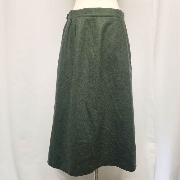 Vintage 70s Dark Forest Green Wool Blend Midi Skirt Acadamia Preppy Medium - Picture 1 of 8